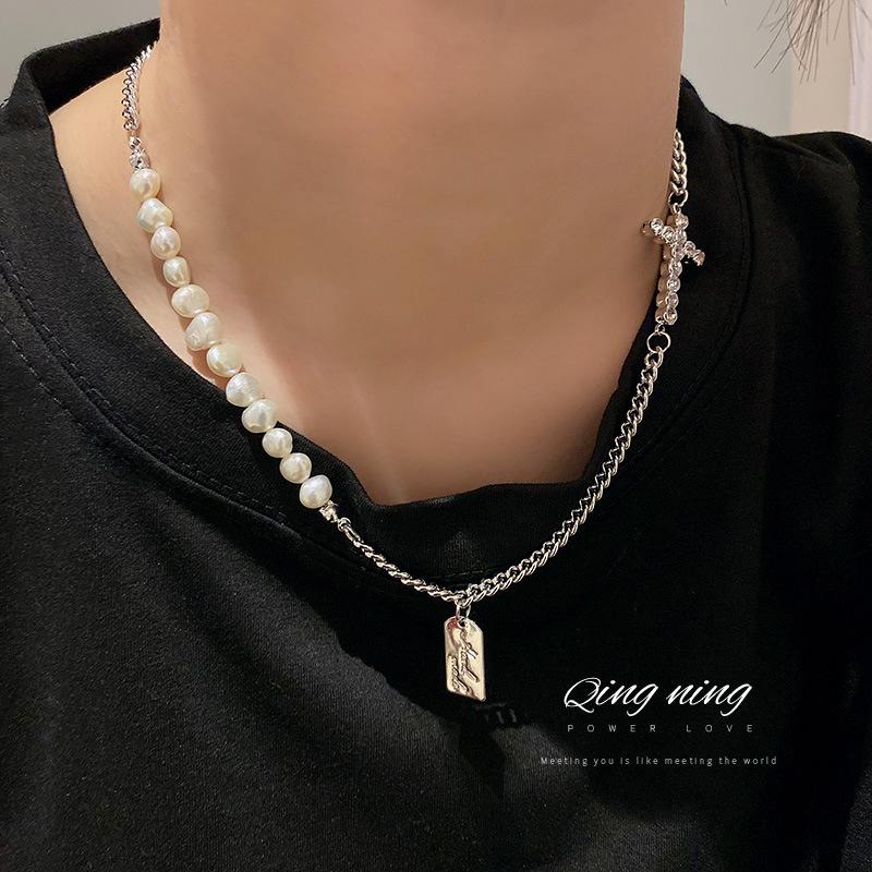 

Chains South Korea Fashion Freshwater Pearl Necklace Two-piece Women Set Auger Cross Sautoir Cold Wind Character Design