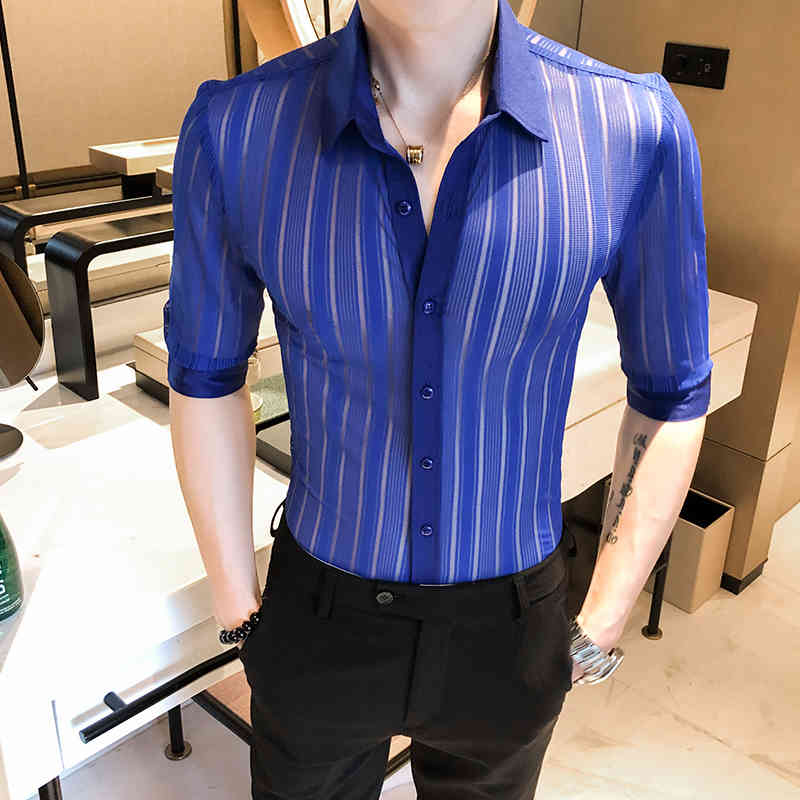 

t shirts High Quality Floral Male Shirt Fashions 2021 Summer Half-sleeve Casual Fitting Fine Embroidered Men's Club Tuxedo Dress 3xl-m 9chk, Royal blue.