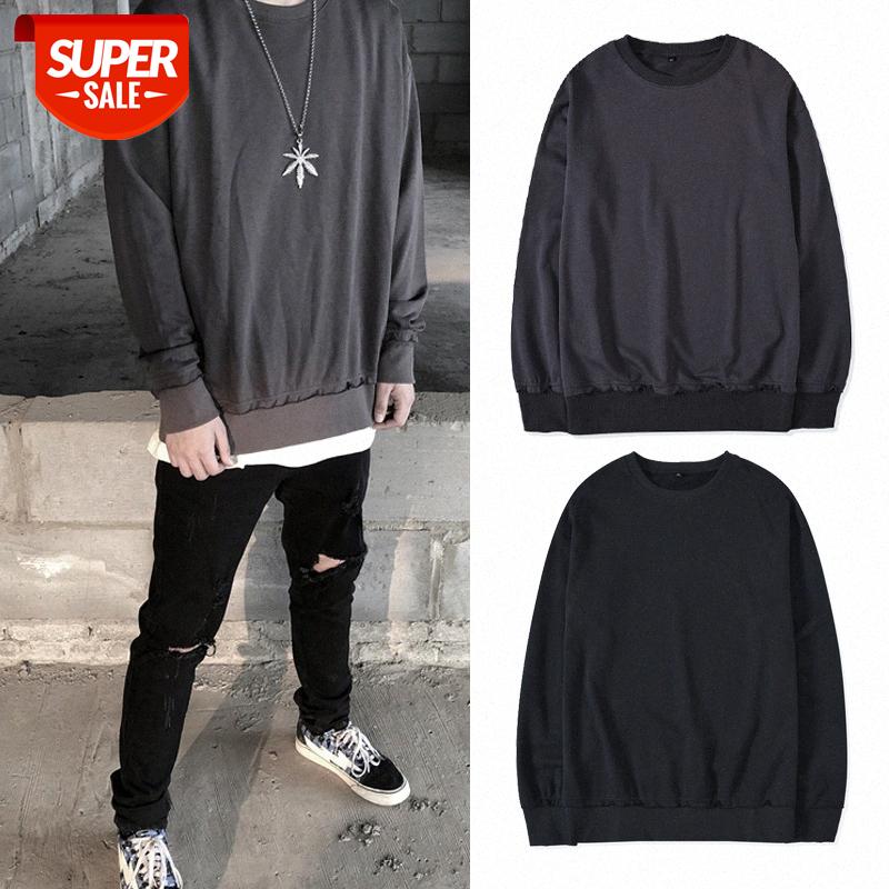 

KANYE washed with old frayed sweater INS hip-hop round neck terry jacket #rA73, Black