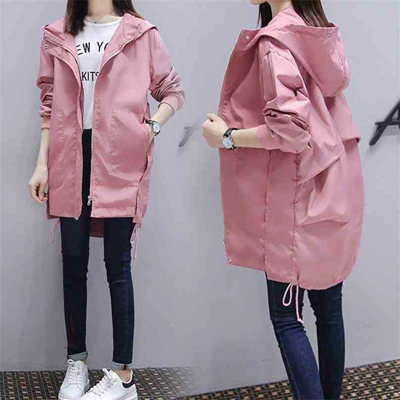 

Women Streetwear Trench Coat Spring Autumn Harajuku Loose Plus Size Windbreaker Woman Hooded Black Casual Outwear 210525
