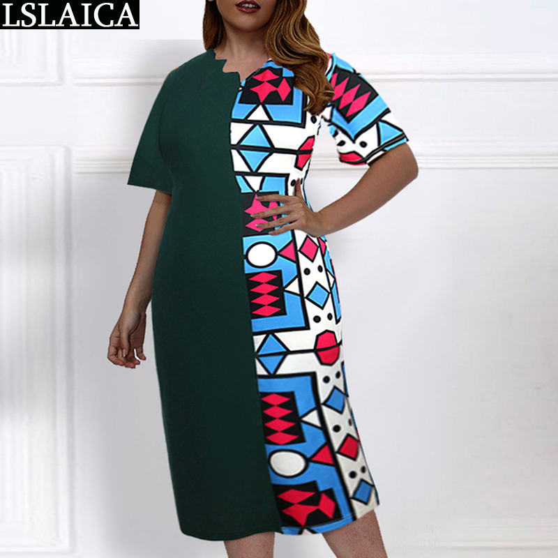 

Dress Women Summer Fashion Short Sleeve Patchwork Print Elasticity Female Midi Plus Size Casual Womens Clothing Vestido 210520, Green
