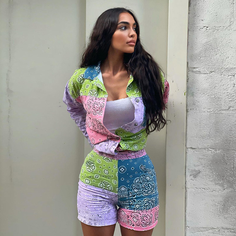 

Autumn Street Tracksuits Printed Sports Suit Long Sleeve blouse Sports Shorts, As pic