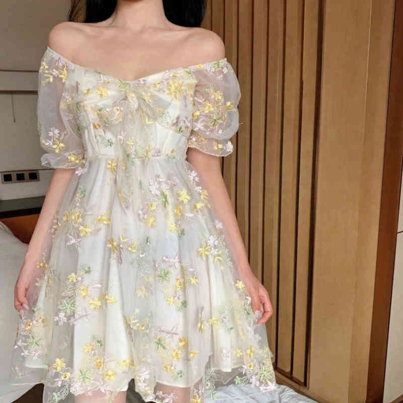 

Lucyever Summer French Floral Chiffon Dress Women Lace Bow Puff Sleeve Mini Dress Female Vintage Off Shoulder Fairy Dresses 210521, Top