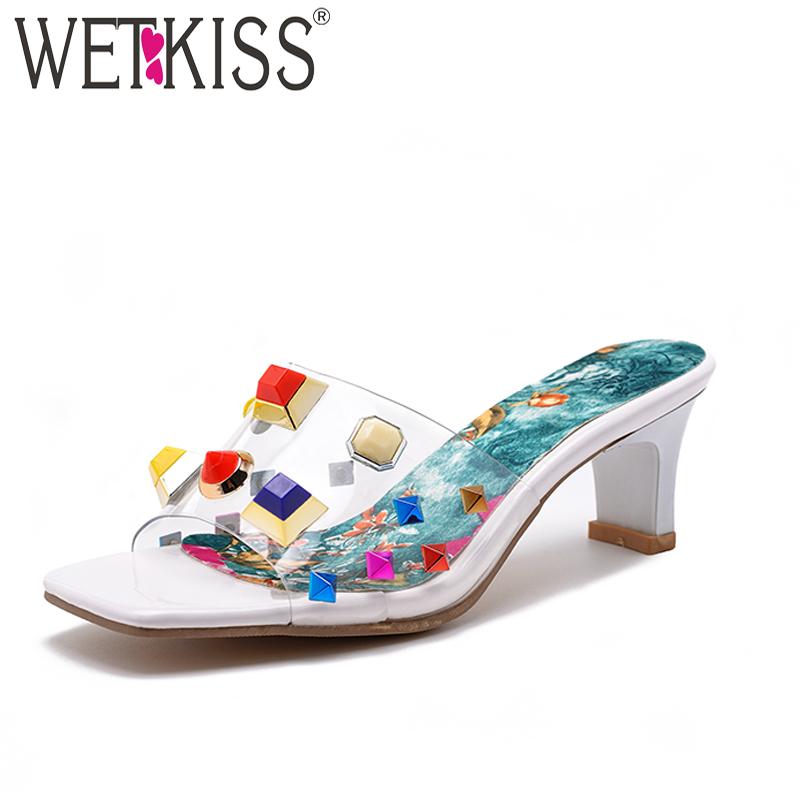 

Slippers WETKISS Colorful Rivet Transparent PVC Women Summer Jelly Slides Open Toe High Heel Ladies Mules Studdes Shoes, Black