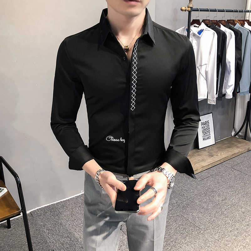 

Fashion Solid Color Shirts for Men Business Casual Dress Shirts Long Sleeve Slim Fit Streetwear Men Clothing Social Party Blouse 210527, Black
