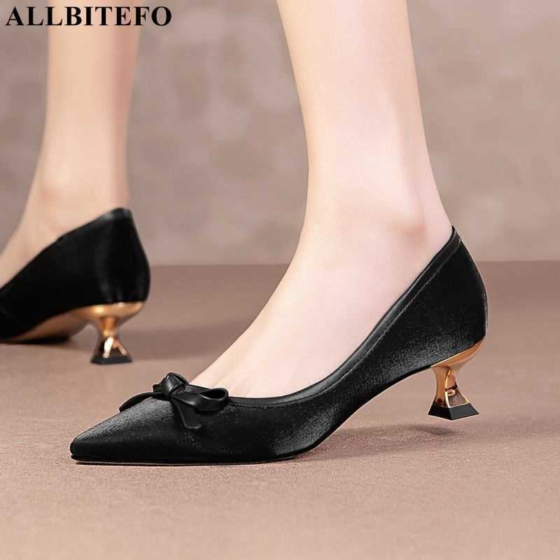 

ALLBITEFO Gold heels genuine leather sweet bowtie brand high office ladies shoes women thin stiletto 210611, As picture