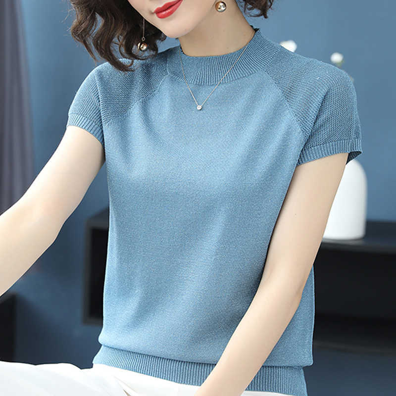 

Blusas Mujer De Moda Summer Tops Women Short Sleeve Blouse Women Knitted Blouse Shirt Female Women Clothes Blusas C934 210602, Navy