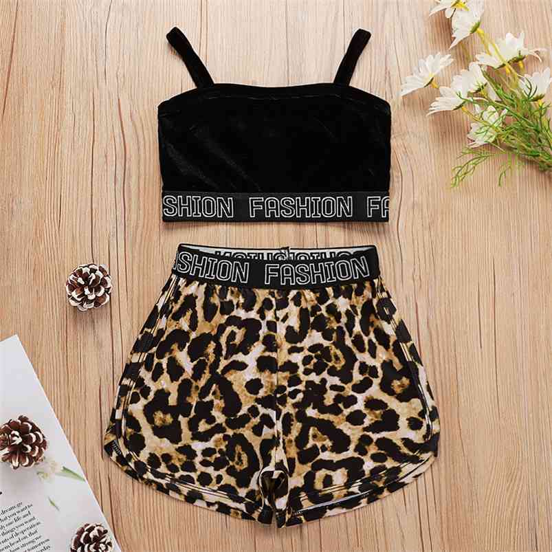

Summer Children Sets Casual Strap Black Letter Tops Leopard Shorts Cute 2Pcs Girls Boys Clothes Set 3-10T 210629