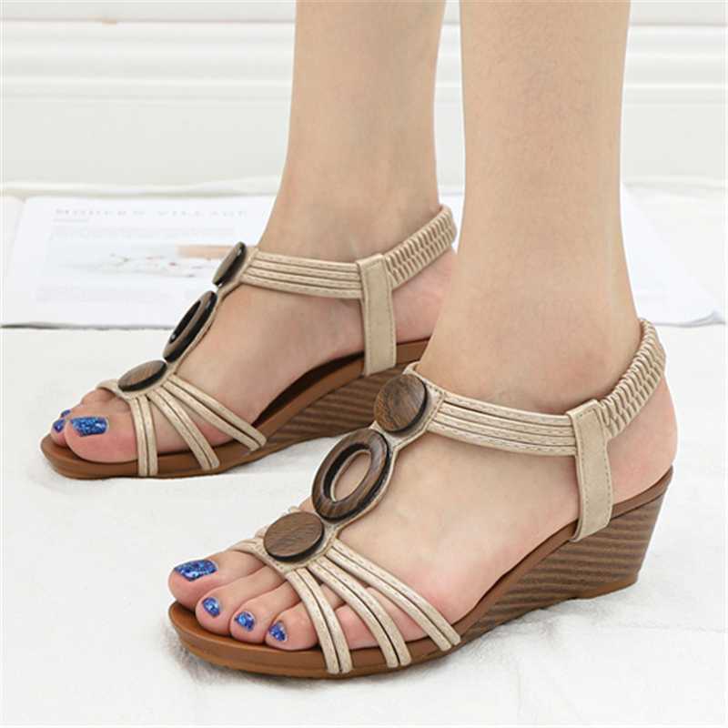 

Summer Bohemian Style Women 5cm Wedge Heels Sandals Retro Classic Black Brown Narrow Band Peep Toe Girl Beach Dress Shoes