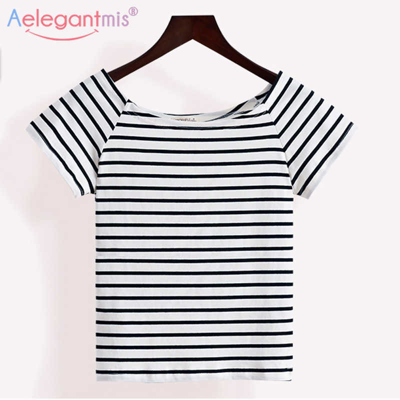 

Aelegantmis Black and White Striped Shirt Women Summer Short Sleeve O-Neck T Femme Casual Basic Tops Red 210607, Black strips