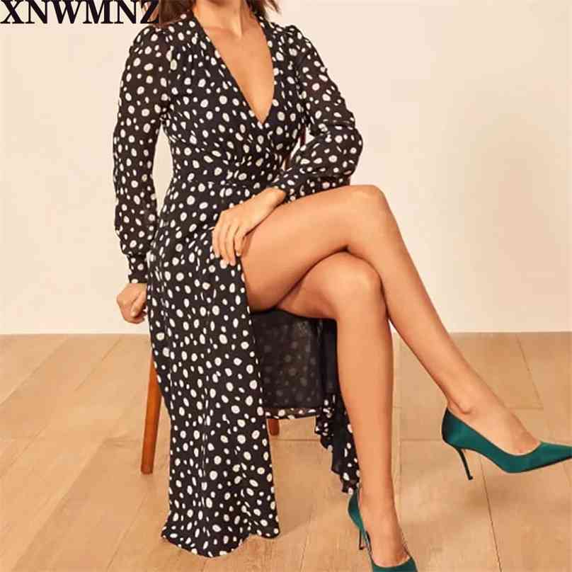 

dress High quality Holiday Split midi Casual France V Neck Wrap vestidos Vintage Dot Print Sashes Dress women 210520, Black