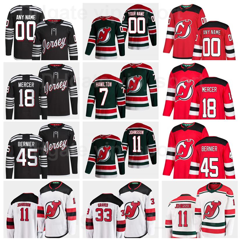 

New Jersey Devils Hockey 33 Ryan Graves Jersey 18 Dawson Mercer 59 Janne Kuokkanen 45 Jonathan Bernier 11 Andreas Johnsson 7 Dougie Hamilton Red Black Green White