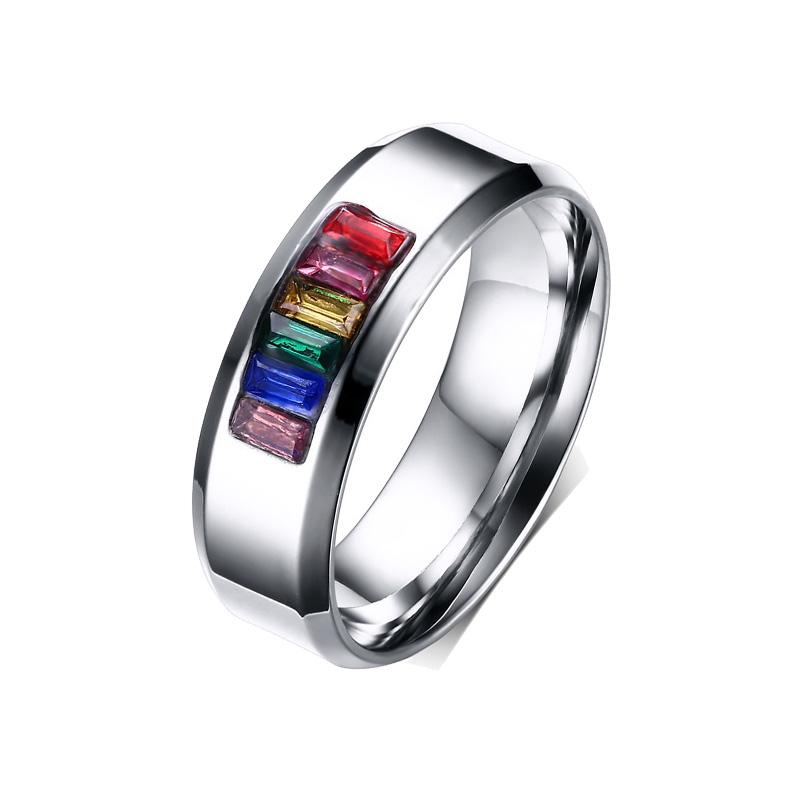 

Cluster Rings Unisex Men Woman Rainbow Cubic Zirconia Gay Pride Wedding Band Stainless Steel Jewelry US Size 5 To 13 Drop
