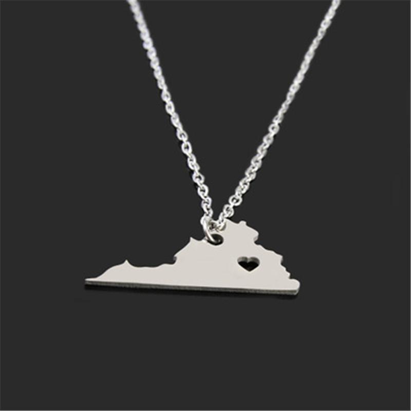 Pendant Necklaces Stainless Steel Sliver Necklace America Virginia State With Heart DIY Map Pendant&necklace Women Gifts-image-706615424