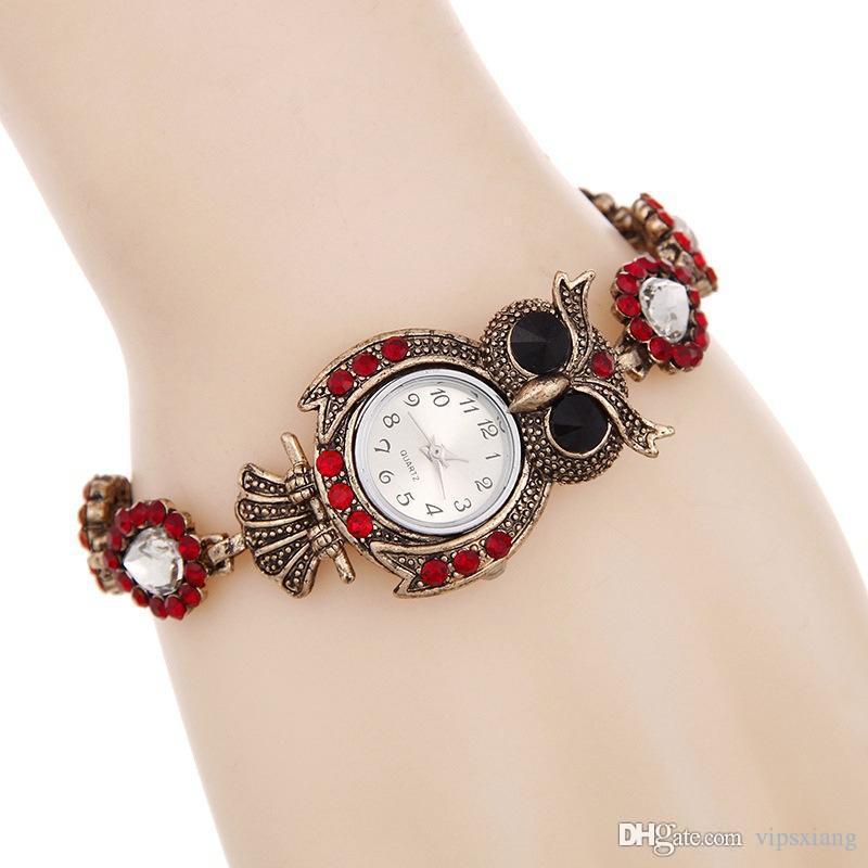 

diamond nighthawk Owl Women Fashion watch Retro Blue and red Winding bracelet knit Strap Watches Ladies Relogios Bronze Wristwatch