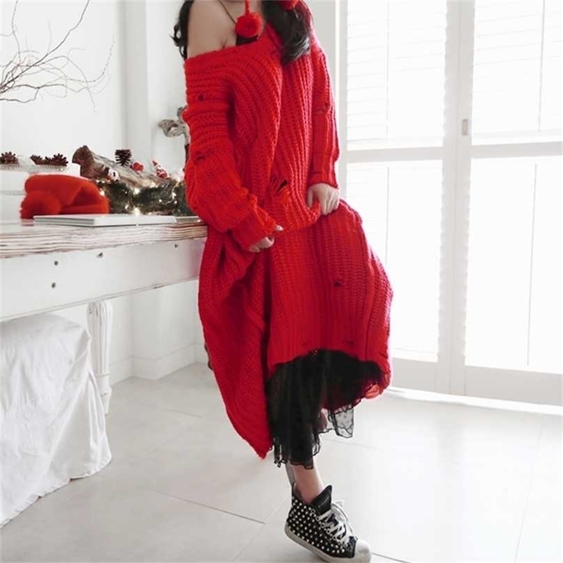 

Plus Size Women Sweater Dresses Autumn Winter Knitted Loose V Neck Hole Thick Ankle-Length Full Sleeve Oversize Pullover D88617Y 211109, Red