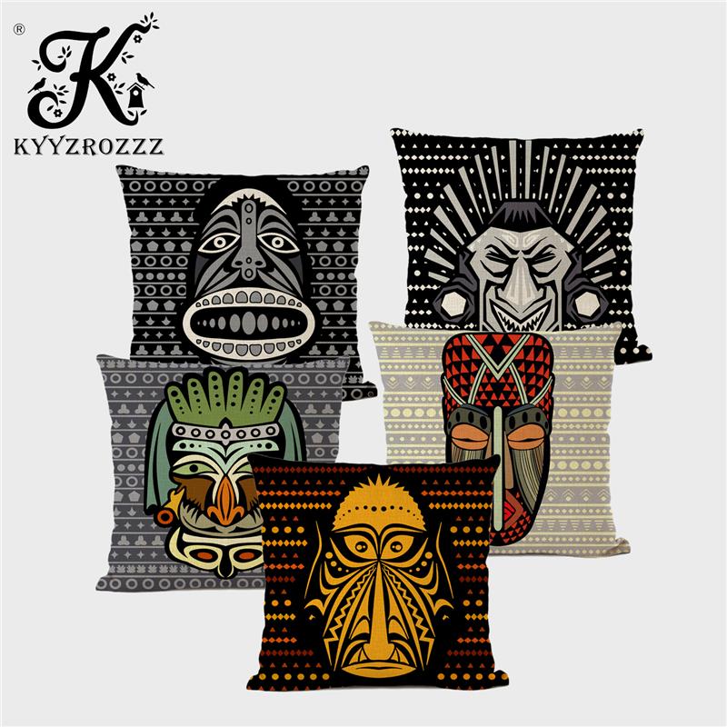 

African Tribal Vintage Mask Totem Decoration Cushion Cover Shield Art Design Sofa Throw Pillowcase Ancient Pattern Gift Cushion/Decorative P