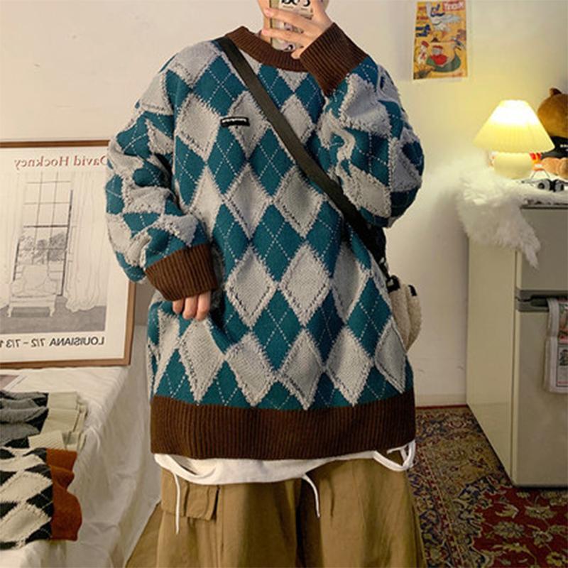 

Men's Sweaters Retro Sweater Plaid Mens Knitted Hip Hop High Street Loose Patchwork Pullover Men Women Autumn Harajuku Knitwear, White;black