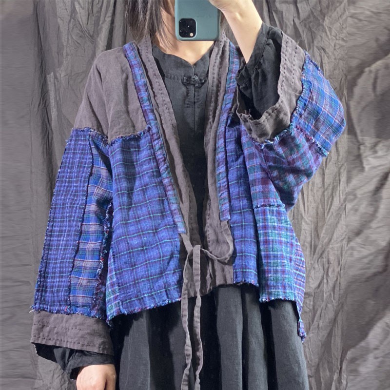 

Johnature Autumn Cotton Linen Retro Patchwork Lace Up Irregular Cardigan Coat Loose Casual Fashion All-match Women Coat 210521, Blue