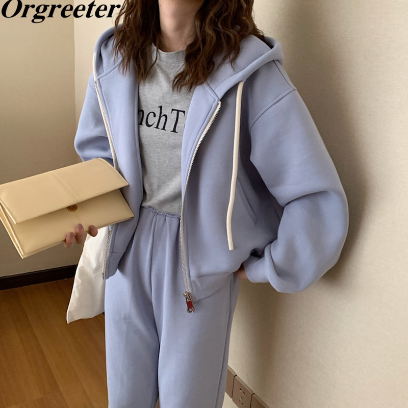 

Casual Thicken Spring Fall Tracksuits Women 2 Pieces Set Hooded Zipper Sweatshirts & Loose Pants Female Outfits 210525, Gray