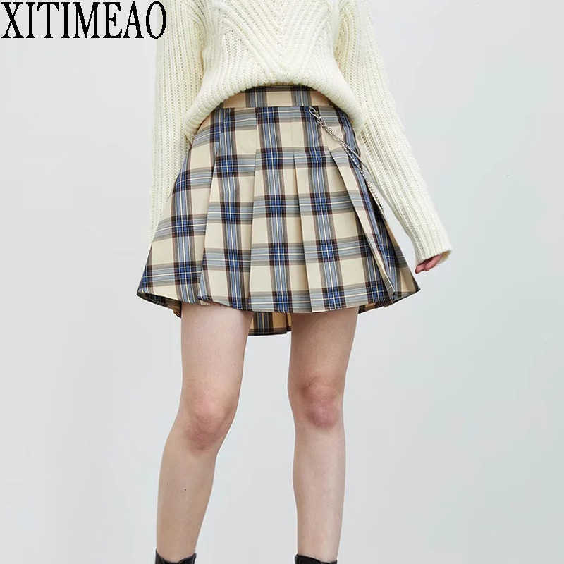 

ZA Fashion Women Skirt Preppy Style Plaid s High Waist Chic Student Pleated Girls Dance s Woolen 210604, As picture