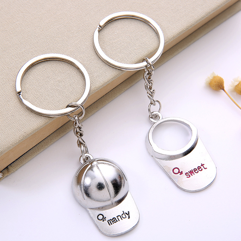 

Creative baseball cap couple keychain, male and female hat key chain ring metal : hq0030