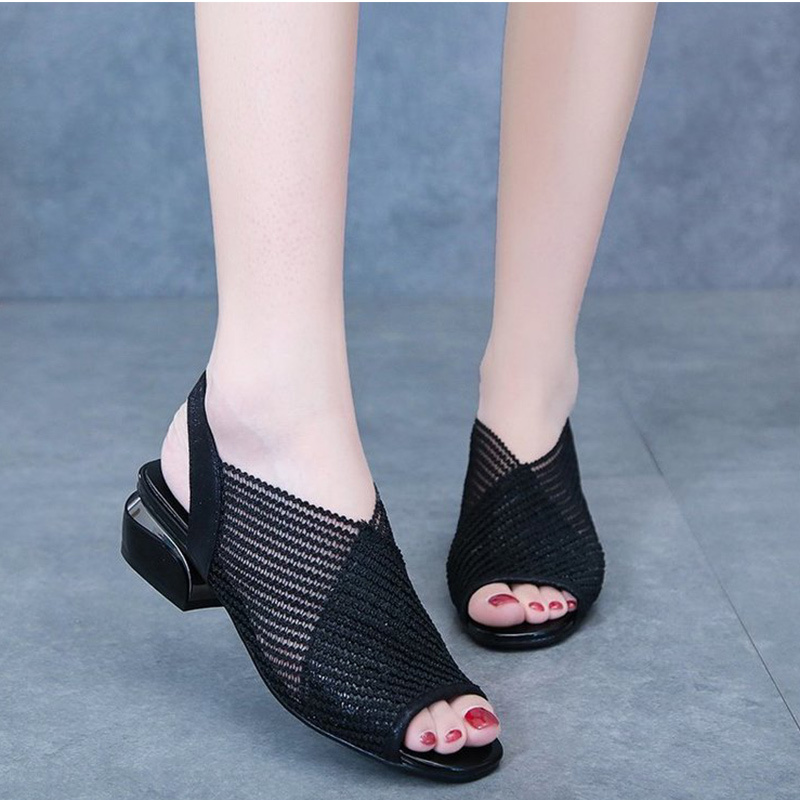 

MCCKLE 2021 Women Sandals Fashion Thick Heel Peep Toe Women's Shoes Mesh Breathable Sandals Ladies Plus Size Girls Summer Sandal K78, Black