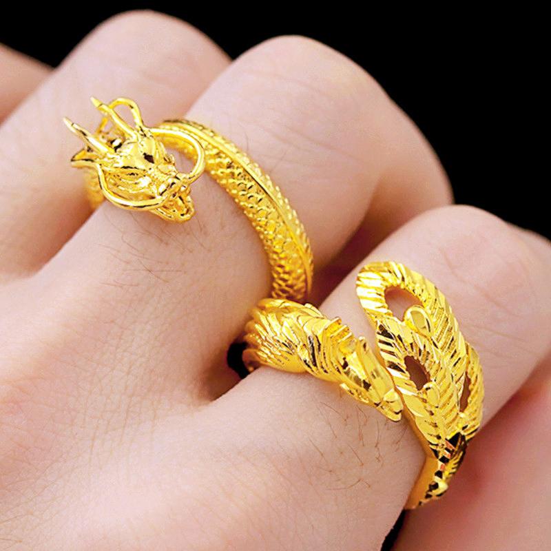 

Wedding Rings Chinese Styles Dragon Phoenix Ring Couple Opening Adjustable Gold Color Punk Jewelry Accessories Lovers