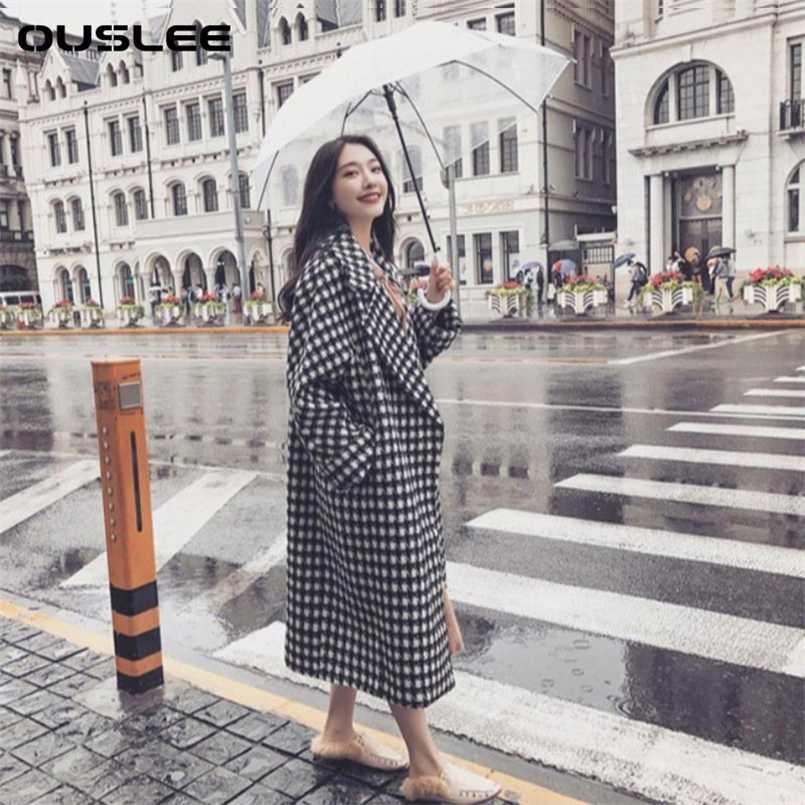 OUSLEE Women Woolen Coat Female Long Houndstooth Ladies Cloak Big Size M-4XL Autumn Winter Thicken Loose Lapel Jacket 211104