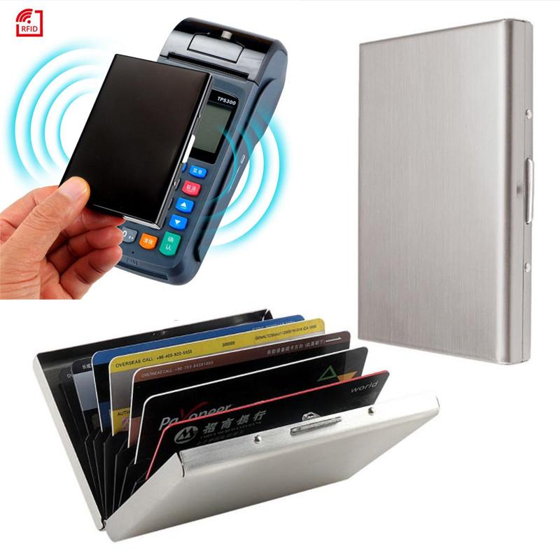 

Card Holders Fashion Aluminum Antimagnetic Holder Women Men Metal Cowhide Rfid Business Organizer Purse Wallet, Black