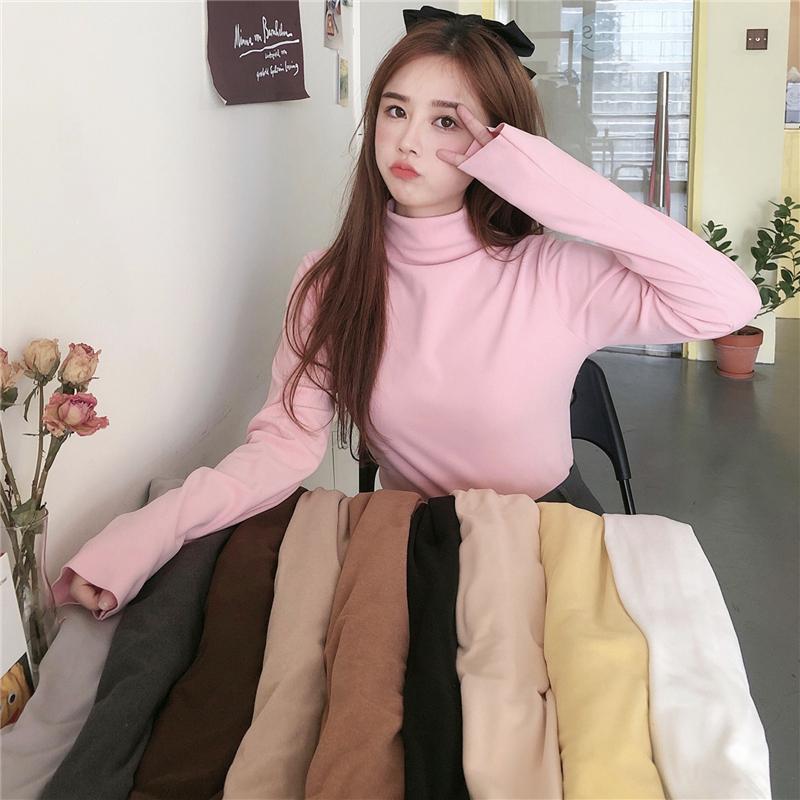 

Women's T-Shirt Autumn Chic Turtleneck Slim T-shirts Women Korean High Street Solid Color Long Sleeve Female Fashion Basic Fleece Top Tees, Blue
