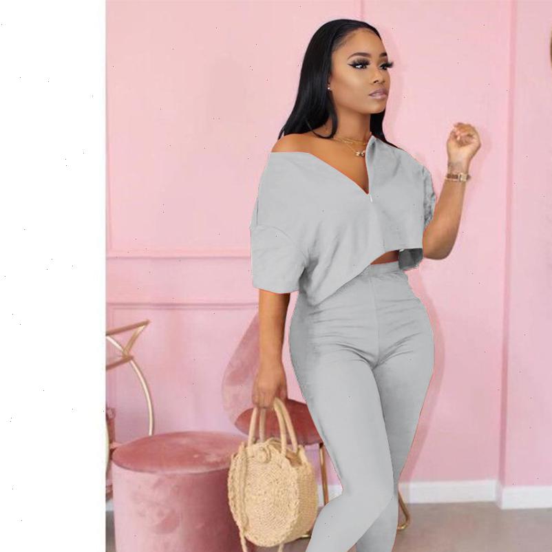 

fashion women womens tracksuits two piece set front zipper half sleeve crop long pants biker tracksuit outfits solid 5, Gray