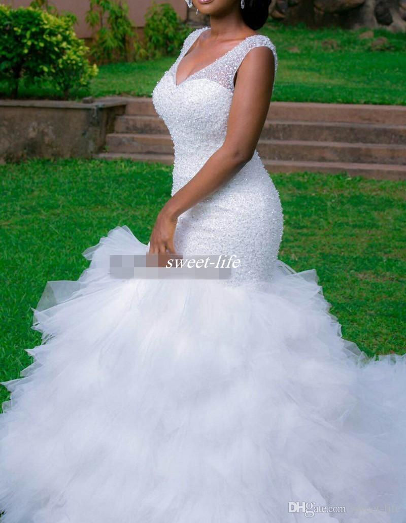 

Plus Size Mermaid Wedding Dress Beading Sheer Deep V Neck Backless Corset Ruffles Tulle Garden Bridal Gown, White