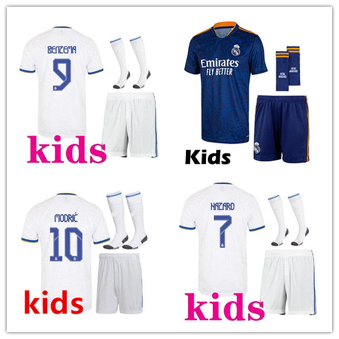 

kids 2021 2022 Real Madrid soccer jersey football kits 21/22 camiseta de futbol HAZARD BENZEMA ISCO MODRIC Kids footbal kits, Away no socks