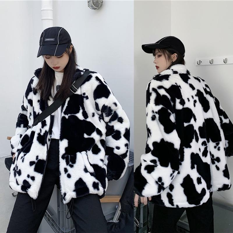 

Women's Jackets Fluffy Tops Sweet Cow Print Coat Outwear Winter Sport Zip Up Hoodie Sweatshirt 101A, Black;brown