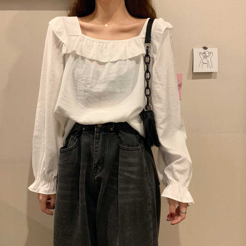 

Ruffles Solid Blouse Women Square Collar Butterfly Sleeve Korean Fashion Clothing Casual Office Female Shirt Autumn 210604, White