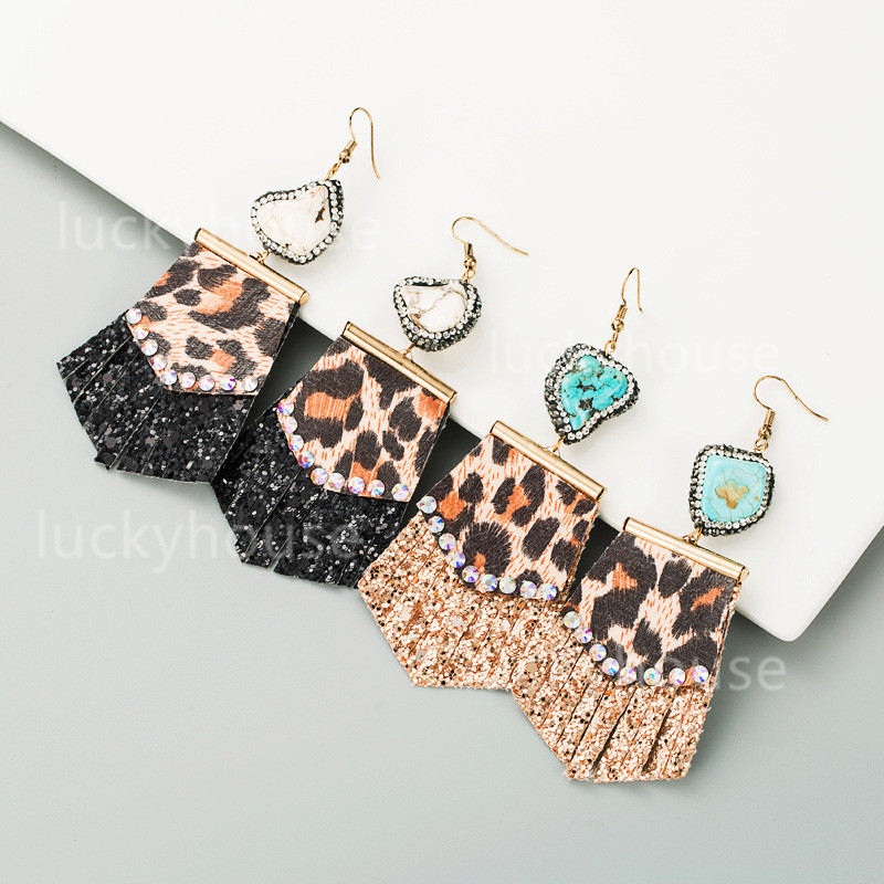 

2021 fashion retro personality leopard print long leather small fresh diamond studded women earrings earrings party birthday gift top quality