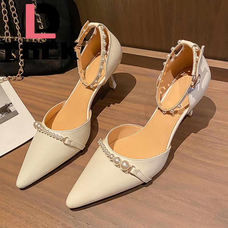 

Dress Shoes Summer Women's Sandals Fashion Pointed Toe High Heel Pearl Sexy Casual Thin Ankle Strap Pumps, Black