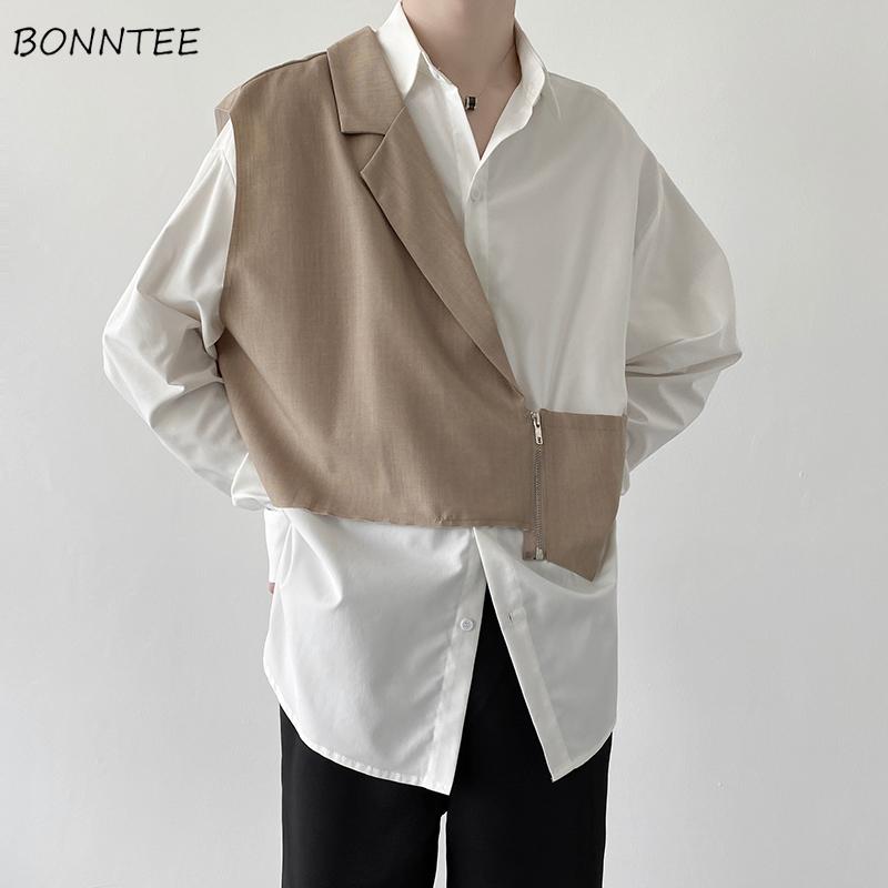 

Men's Casual Shirts Men Long Sleeve Fake Two Pieces Streetwear Teenager Fashion Patchwork Loose Korean Style Designer Turn-down Collar Trend, White;black