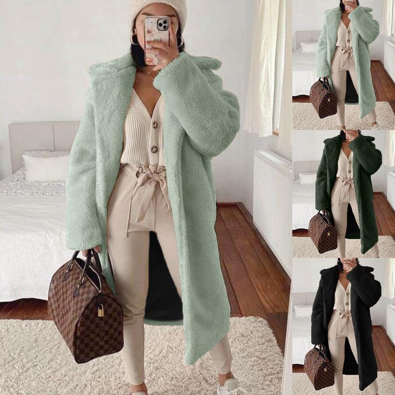 

Women's Fur & Faux Mid-length Coat Autumn And Winter Windbreaker Casual Long Oversized Black Fluffy Jacket