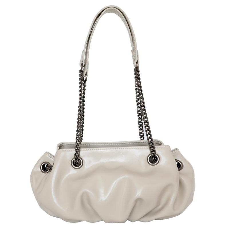 

Evening Bags Oil Wax Cowhide Retro Females Bag Women Cloud Underarm Shoulder Pleated Baguette Pouch Chains Tote Handbag, Black