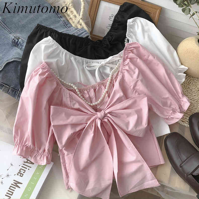 

Kimutomo Sweet Wild Blouse Girls Back Bow Lace Up Pearl O-neck Puff Sleeves Short Solid Shirt Summer Elegant Korean Chic 210521, White