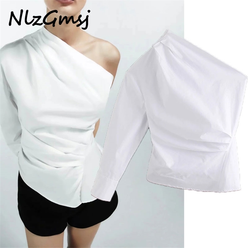 

Blouse Shirt Spring Asymmetrical Diagonal Shoulder Poplin Long Sleeve Top Woman Casual Blouse 04 210628, As picture