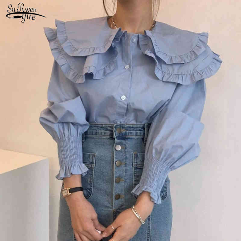 

Spring Korean Loose Button Up Shirt Long Sleeve Blue Women Blouse Chic Double-layer Collar Ruffle Elegant Slim Tops 13804 210521