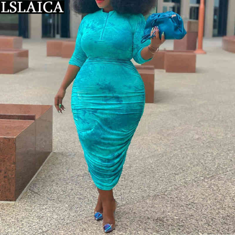 

Dresses for Women Plus Size Streetwear Fashion Skinny Slim Woman Dress O Neck Ruched Straight Sleeve Vestido De Mujer 210520, Turquoise