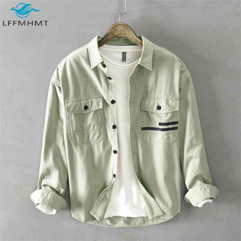 

Men Spring Fall Korean Style 100% Cotton Top Quality Shirt Male Casual Loose Long Sleeve Lapel Tops Double Pocket Trendy Outwear 210721, Black