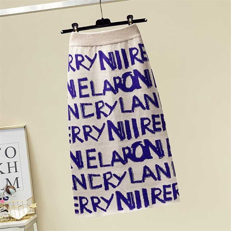 

Autumn & Winter Arrival Knitted Skirt Letter Print Slim Mid-length High Waist Elastic 211109, Sky blue