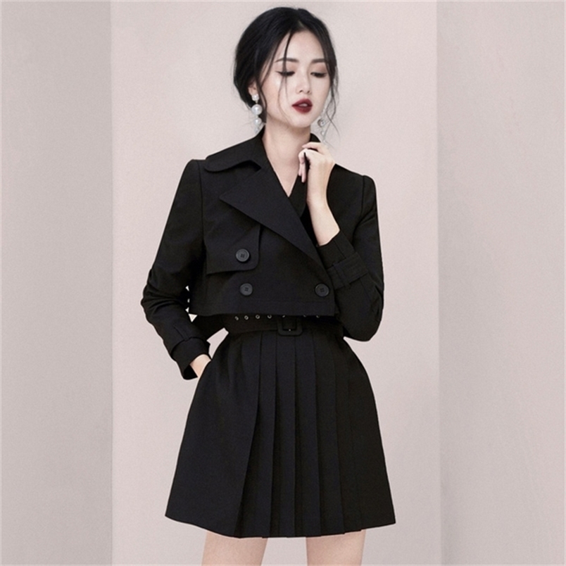 

2 Piece Set Women Runway design Office Black Notched Double-breasted Short Coat Outwear + Mini Pleated Skirt with Belted 210519