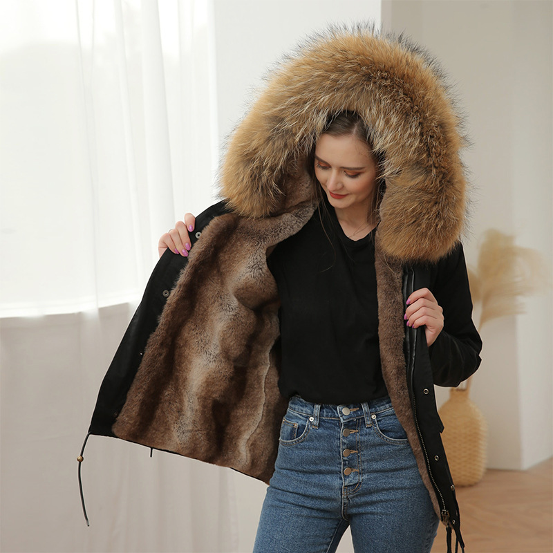 

fashion brown raccoon trim collar meifeng brand winter parkas rex rabbit fur lining black mini canvas jackets ykk zipper women snow coats, Black coat