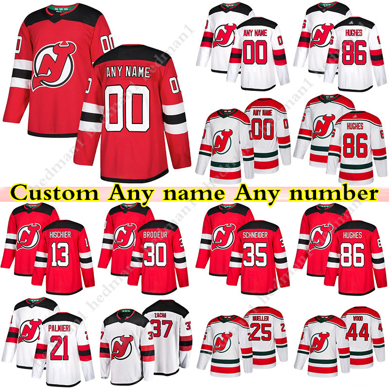 

Custom Devils hockey jersey 86 Jack Hughes 76 PK Subban 30 Martin Brodeur 13 Nico Hischier any number and name, Black;red